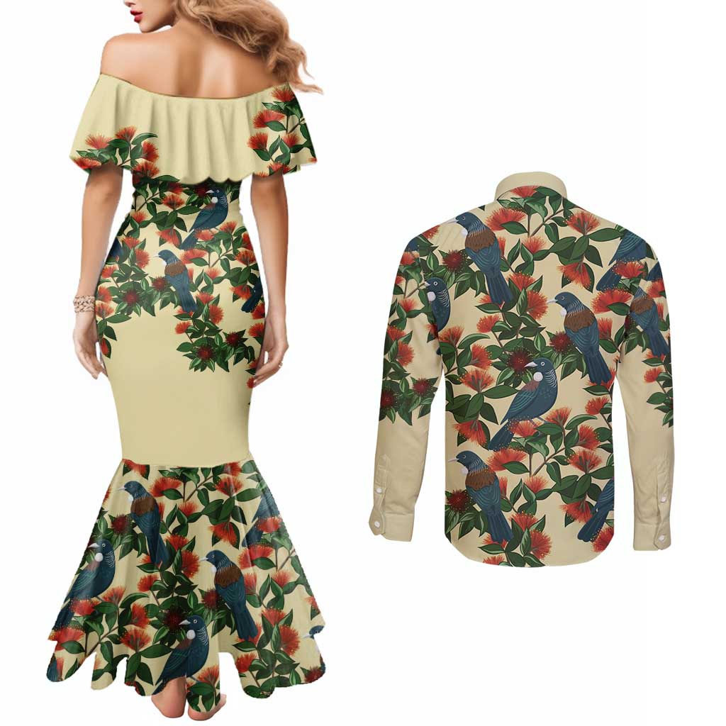 New Zealand Christmas Couples Matching Mermaid Dress and Long Sleeve Button Shirt Romantic Tui Birds on Pohutukawa - Ivory - Polynesian Pride
