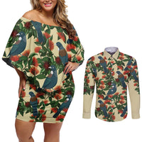 New Zealand Christmas Couples Matching Off Shoulder Short Dress and Long Sleeve Button Shirt Romantic Tui Birds on Pohutukawa - Ivory - Polynesian Pride