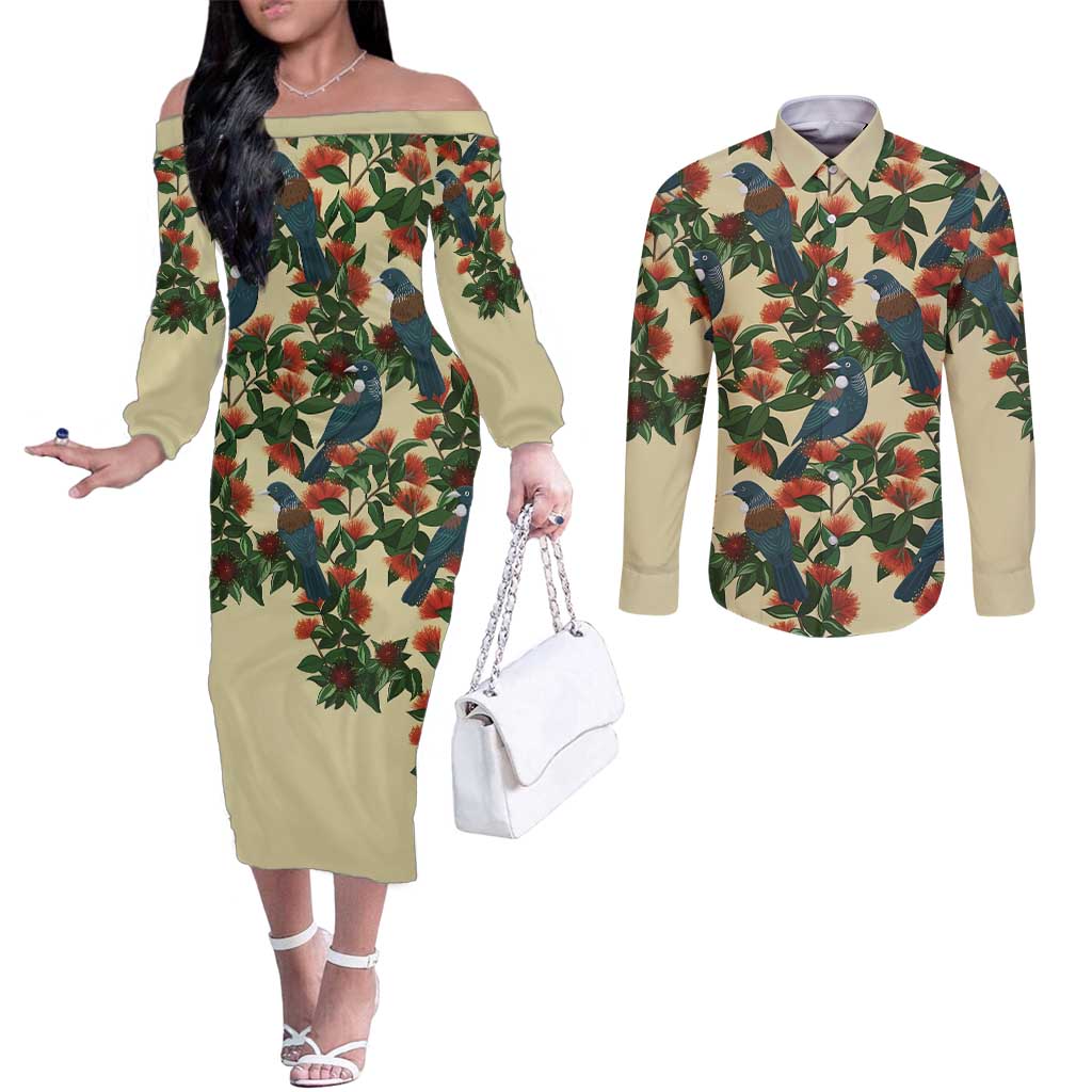 New Zealand Christmas Couples Matching Off The Shoulder Long Sleeve Dress and Long Sleeve Button Shirt Romantic Tui Birds on Pohutukawa - Ivory - Polynesian Pride