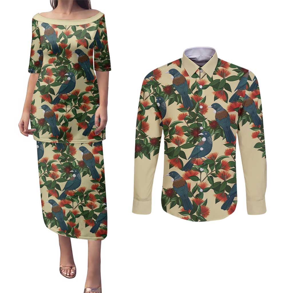 New Zealand Christmas Couples Matching Puletasi and Long Sleeve Button Shirt Romantic Tui Birds on Pohutukawa - Ivory - Polynesian Pride