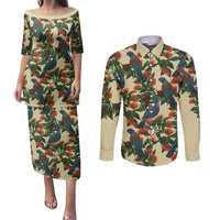 New Zealand Christmas Couples Matching Puletasi and Long Sleeve Button Shirt Romantic Tui Birds on Pohutukawa - Ivory - Polynesian Pride