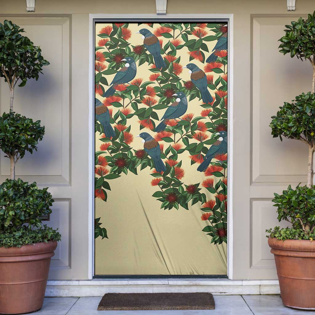 New Zealand Christmas Door Cover Romantic Tui Birds on Pohutukawa - Ivory - Polynesian Pride