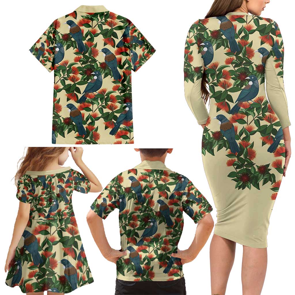 New Zealand Christmas Family Matching Long Sleeve Bodycon Dress and Hawaiian Shirt Romantic Tui Birds on Pohutukawa - Ivory - Polynesian Pride