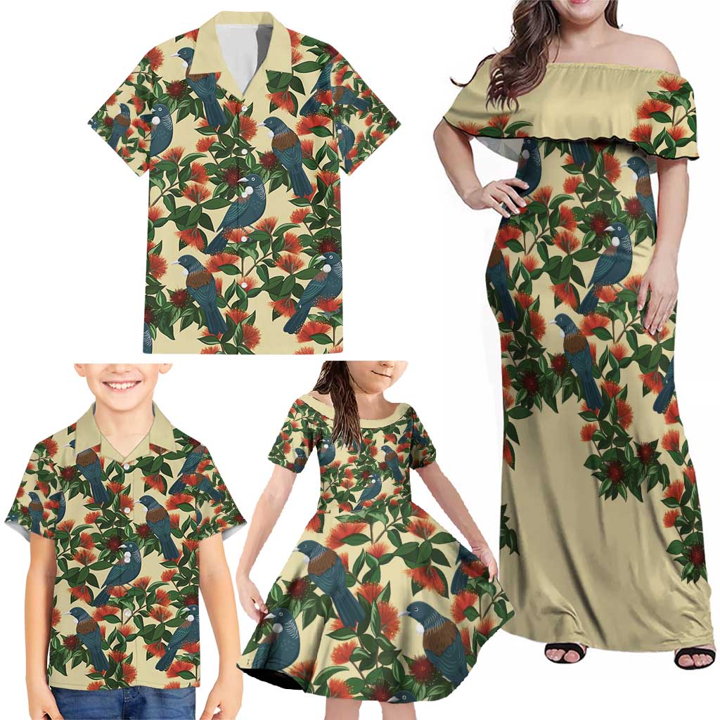 New Zealand Christmas Family Matching Off Shoulder Maxi Dress and Hawaiian Shirt Romantic Tui Birds on Pohutukawa - Ivory - Polynesian Pride