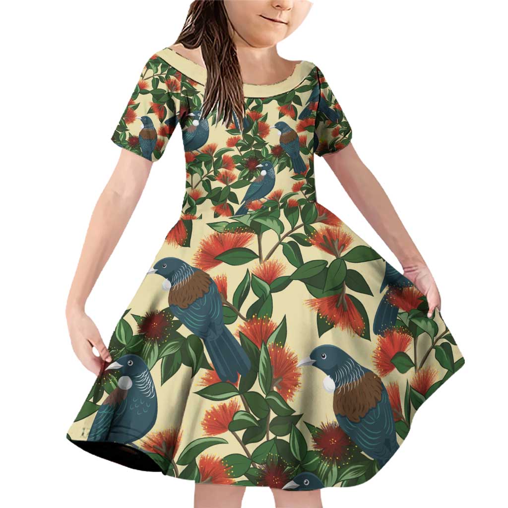 New Zealand Christmas Family Matching Off Shoulder Short Dress and Hawaiian Shirt Romantic Tui Birds on Pohutukawa - Ivory - Polynesian Pride