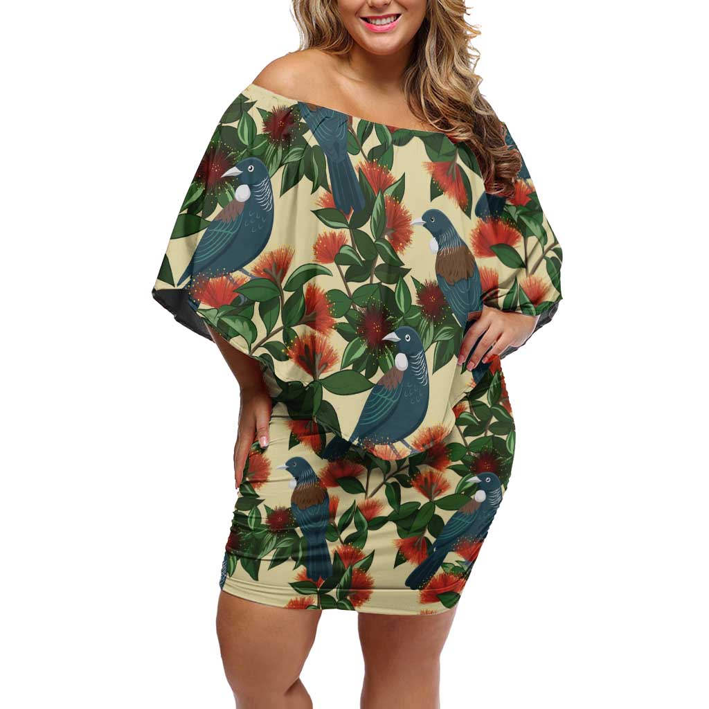 New Zealand Christmas Family Matching Off Shoulder Short Dress and Hawaiian Shirt Romantic Tui Birds on Pohutukawa - Ivory - Polynesian Pride