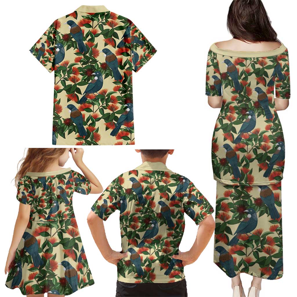 New Zealand Christmas Family Matching Puletasi and Hawaiian Shirt Romantic Tui Birds on Pohutukawa - Ivory - Polynesian Pride