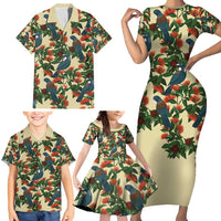 New Zealand Christmas Family Matching Short Sleeve Bodycon Dress and Hawaiian Shirt Romantic Tui Birds on Pohutukawa - Ivory - Polynesian Pride