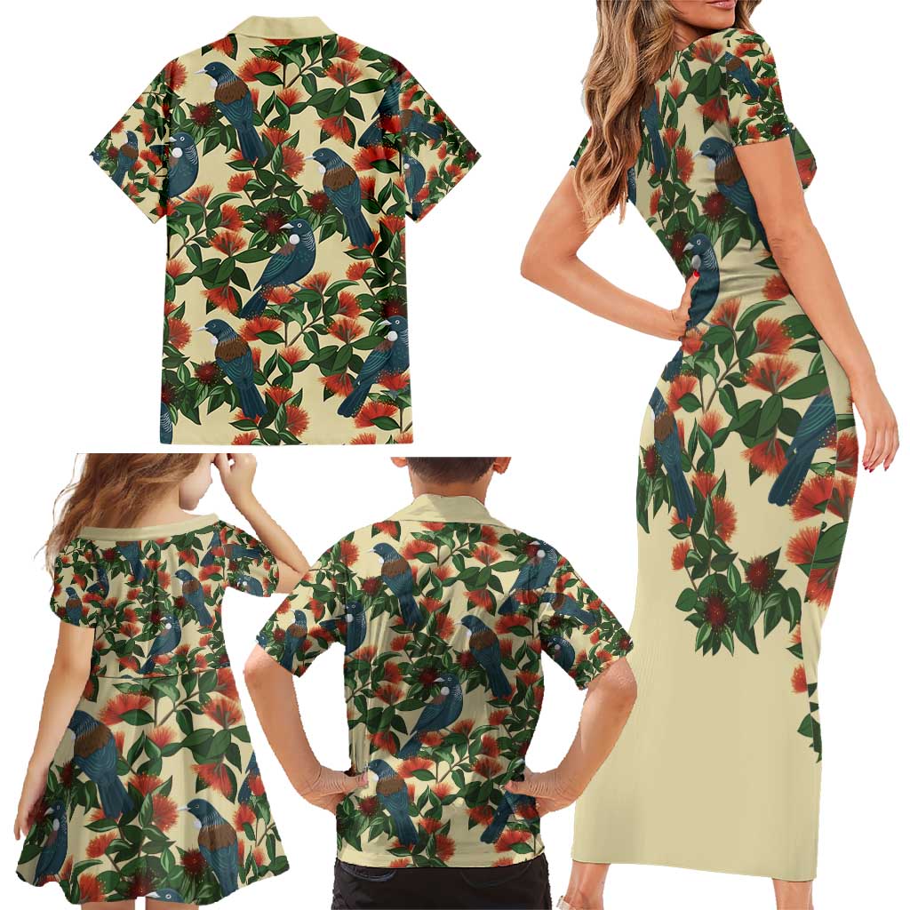 New Zealand Christmas Family Matching Short Sleeve Bodycon Dress and Hawaiian Shirt Romantic Tui Birds on Pohutukawa - Ivory - Polynesian Pride