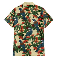 New Zealand Christmas Family Matching Short Sleeve Bodycon Dress and Hawaiian Shirt Romantic Tui Birds on Pohutukawa - Ivory - Polynesian Pride