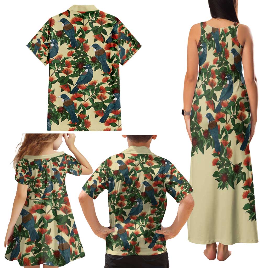 New Zealand Christmas Family Matching Tank Maxi Dress and Hawaiian Shirt Romantic Tui Birds on Pohutukawa - Ivory - Polynesian Pride