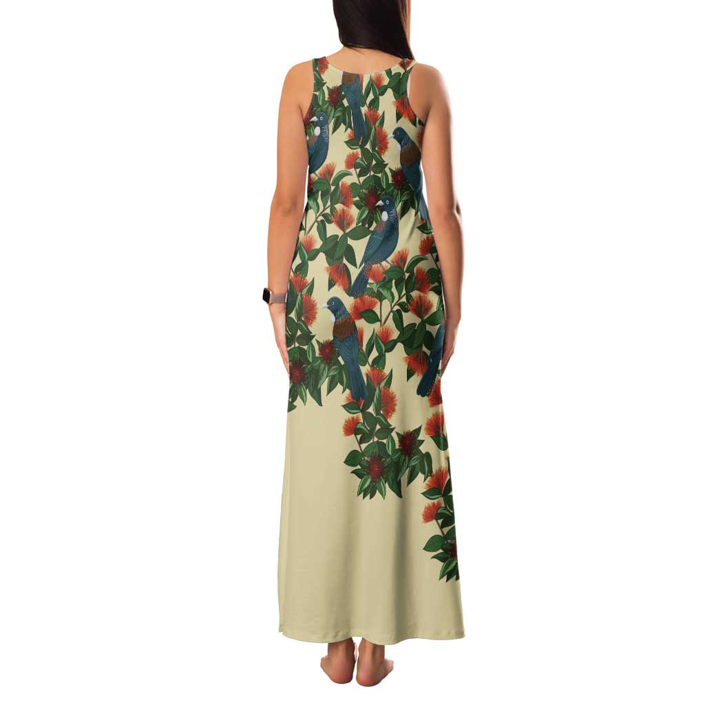 New Zealand Christmas Family Matching Tank Maxi Dress and Hawaiian Shirt Romantic Tui Birds on Pohutukawa - Ivory - Polynesian Pride