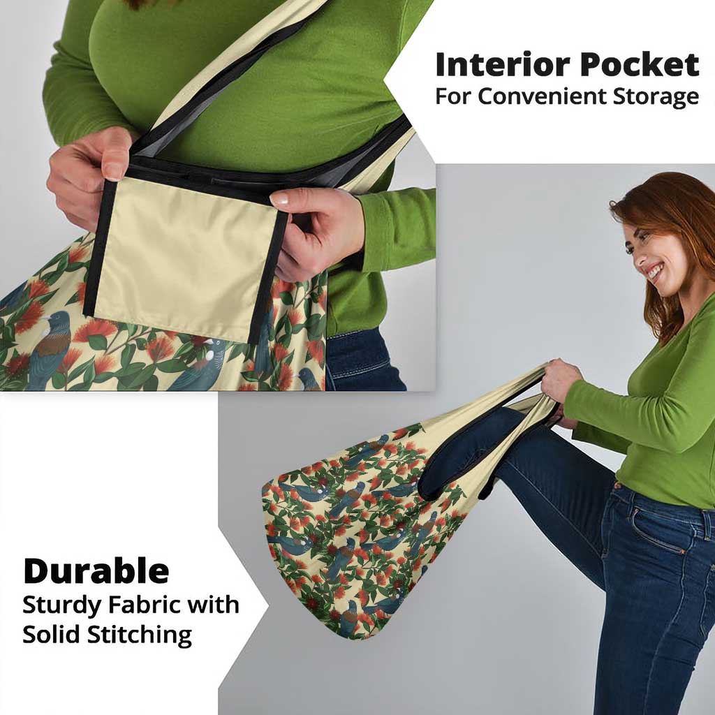 New Zealand Christmas Grocery Bag Romantic Tui Birds on Pohutukawa - Ivory - Polynesian Pride