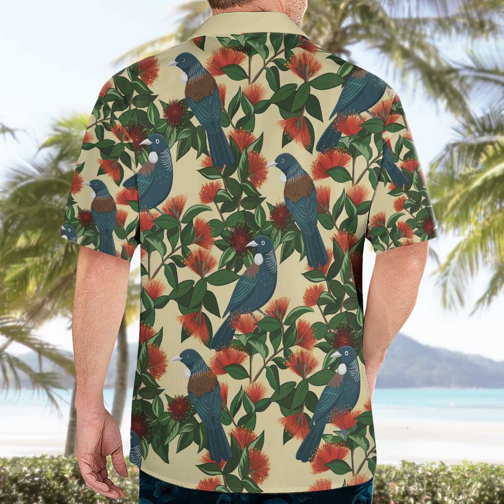 New Zealand Christmas Hawaiian Shirt Romantic Tui Birds on Pohutukawa - Ivory - Polynesian Pride