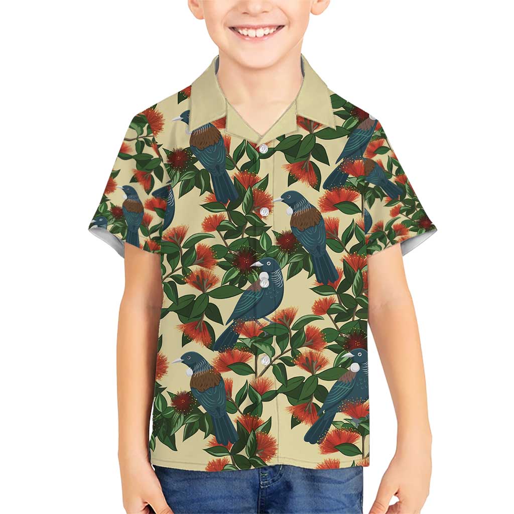 New Zealand Christmas Hawaiian Shirt Romantic Tui Birds on Pohutukawa - Ivory - Polynesian Pride