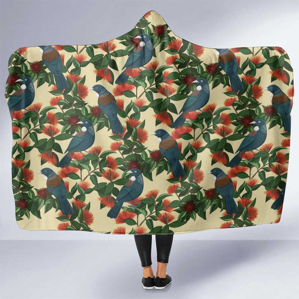 New Zealand Christmas Hooded Blanket Romantic Tui Birds on Pohutukawa - Ivory - Polynesian Pride