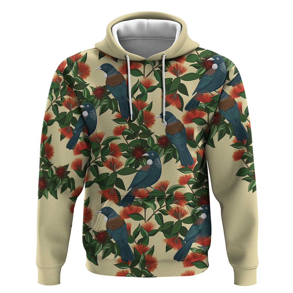 New Zealand Christmas Hoodie Romantic Tui Birds on Pohutukawa - Ivory - Polynesian Pride