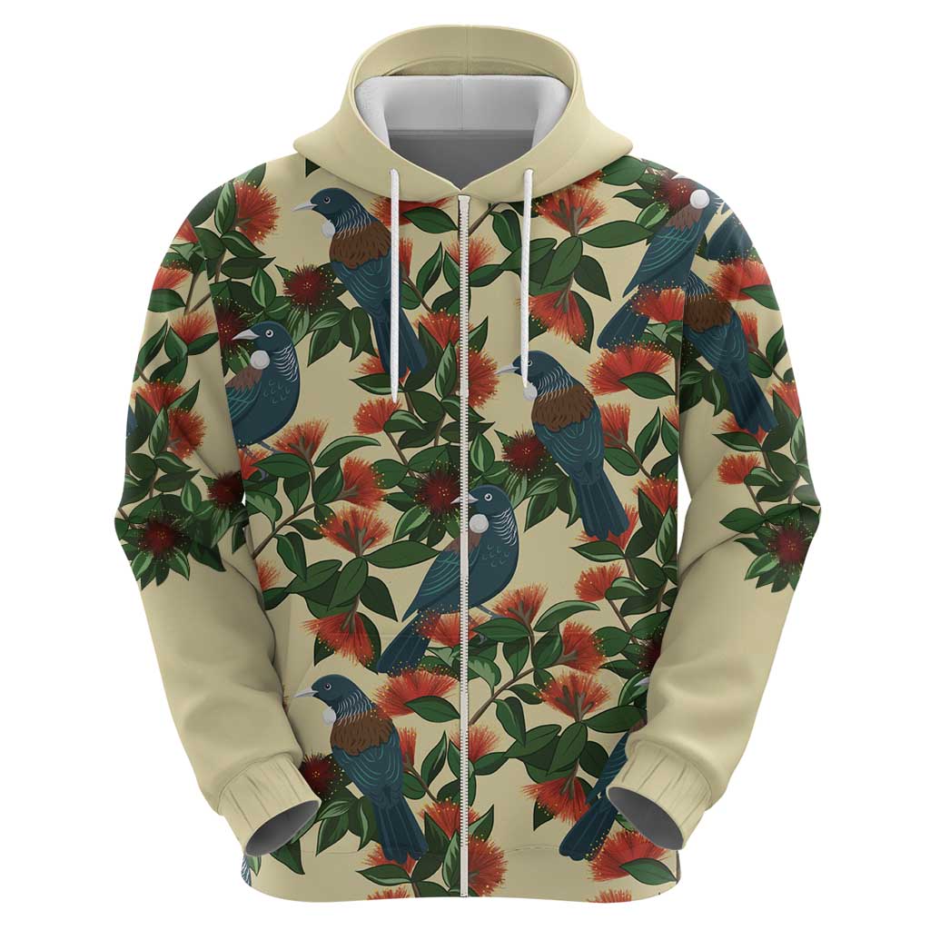 New Zealand Christmas Hoodie Romantic Tui Birds on Pohutukawa - Ivory - Polynesian Pride
