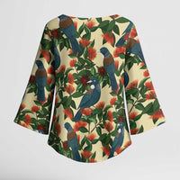 New Zealand Christmas Kimono Sleeve Blouse Romantic Tui Birds on Pohutukawa - Ivory - Polynesian Pride