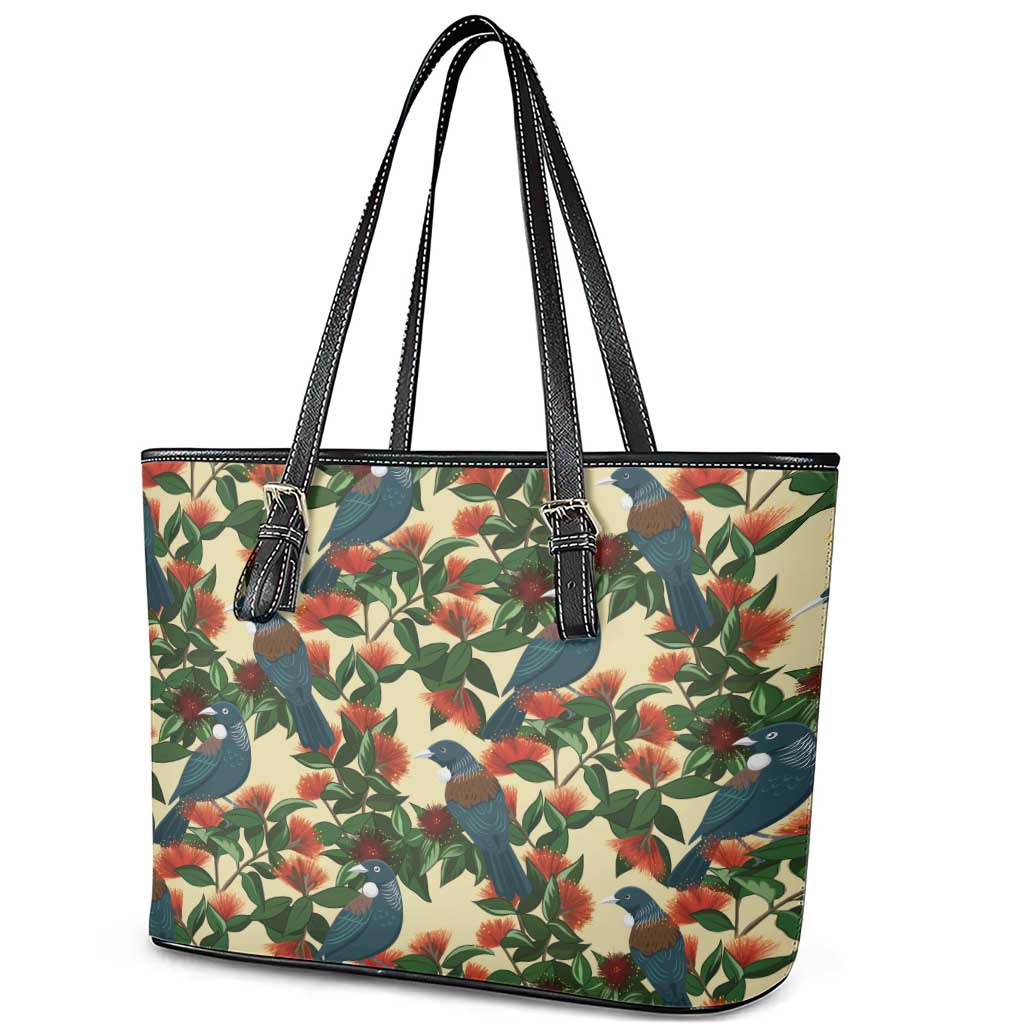 New Zealand Christmas Leather Tote Bag Romantic Tui Birds on Pohutukawa - Ivory - Polynesian Pride