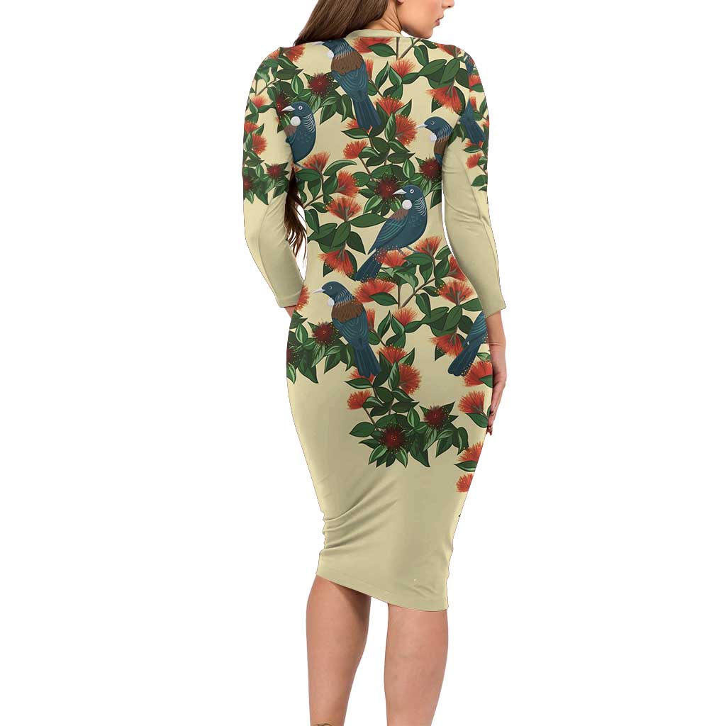 New Zealand Christmas Long Sleeve Bodycon Dress Romantic Tui Birds on Pohutukawa - Ivory - Polynesian Pride