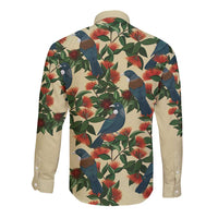 New Zealand Christmas Long Sleeve Button Shirt Romantic Tui Birds on Pohutukawa - Ivory - Polynesian Pride