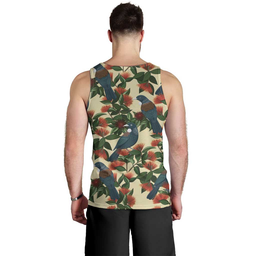 New Zealand Christmas Men Tank Top Romantic Tui Birds on Pohutukawa - Ivory - Polynesian Pride