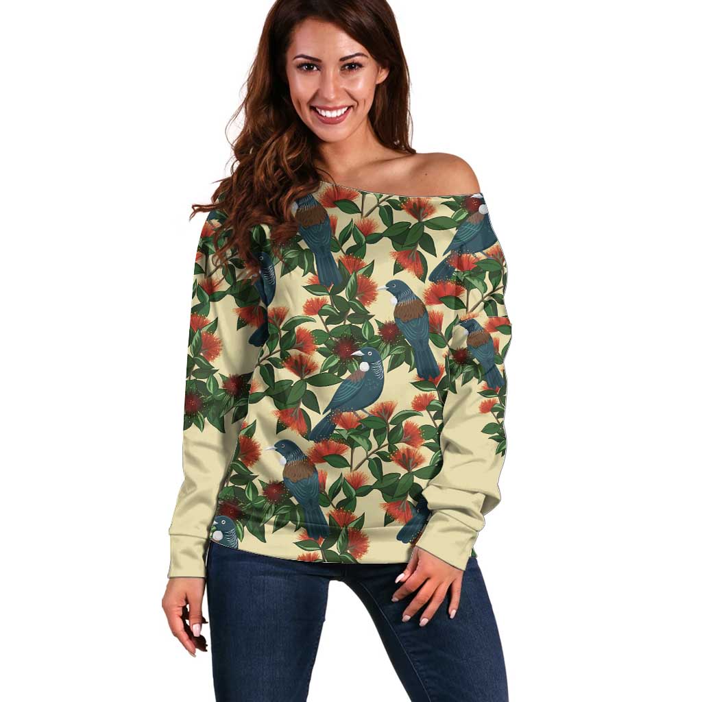 New Zealand Christmas Off Shoulder Sweater Romantic Tui Birds on Pohutukawa - Ivory - Polynesian Pride