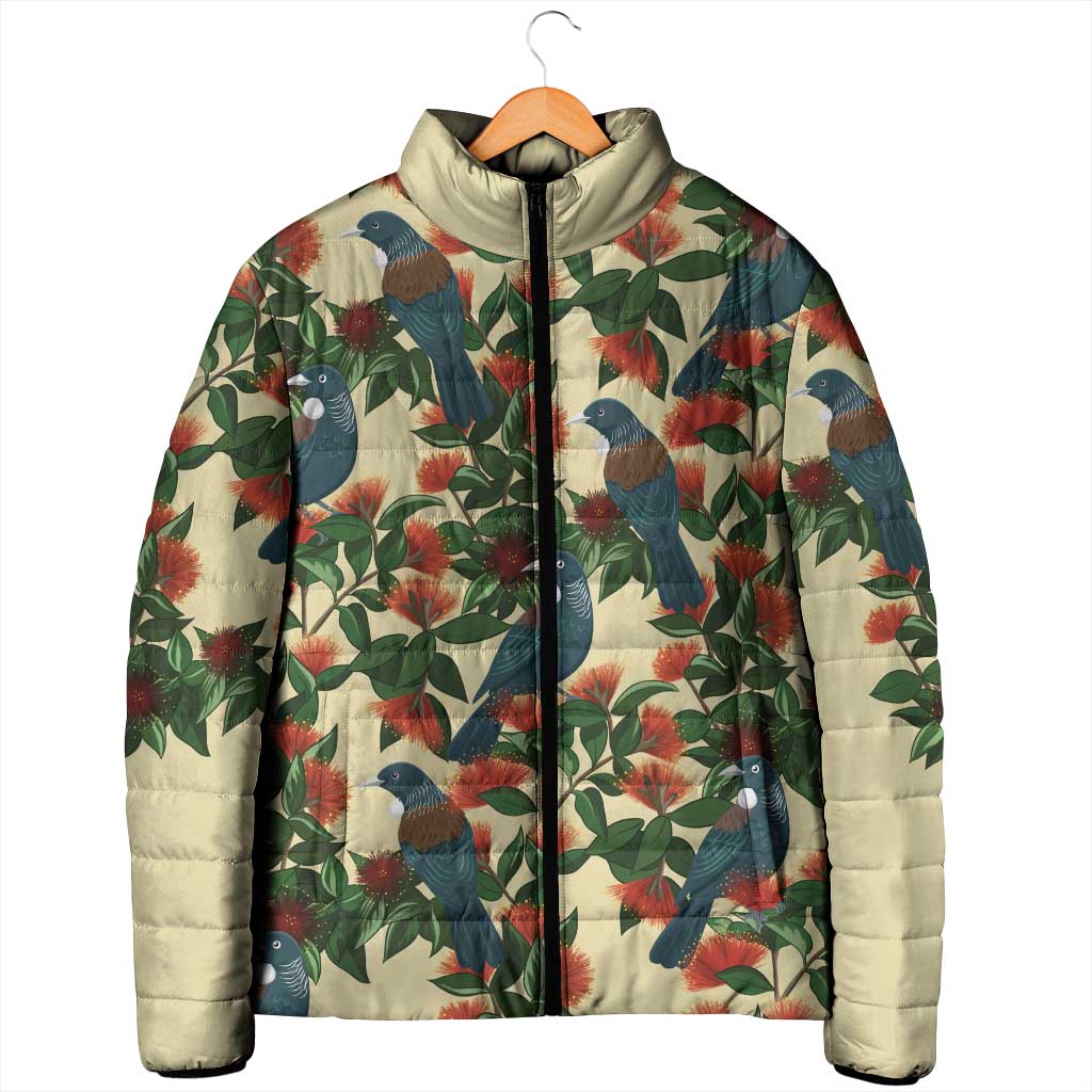 New Zealand Christmas Padded Jacket Romantic Tui Birds on Pohutukawa - Ivory - Polynesian Pride