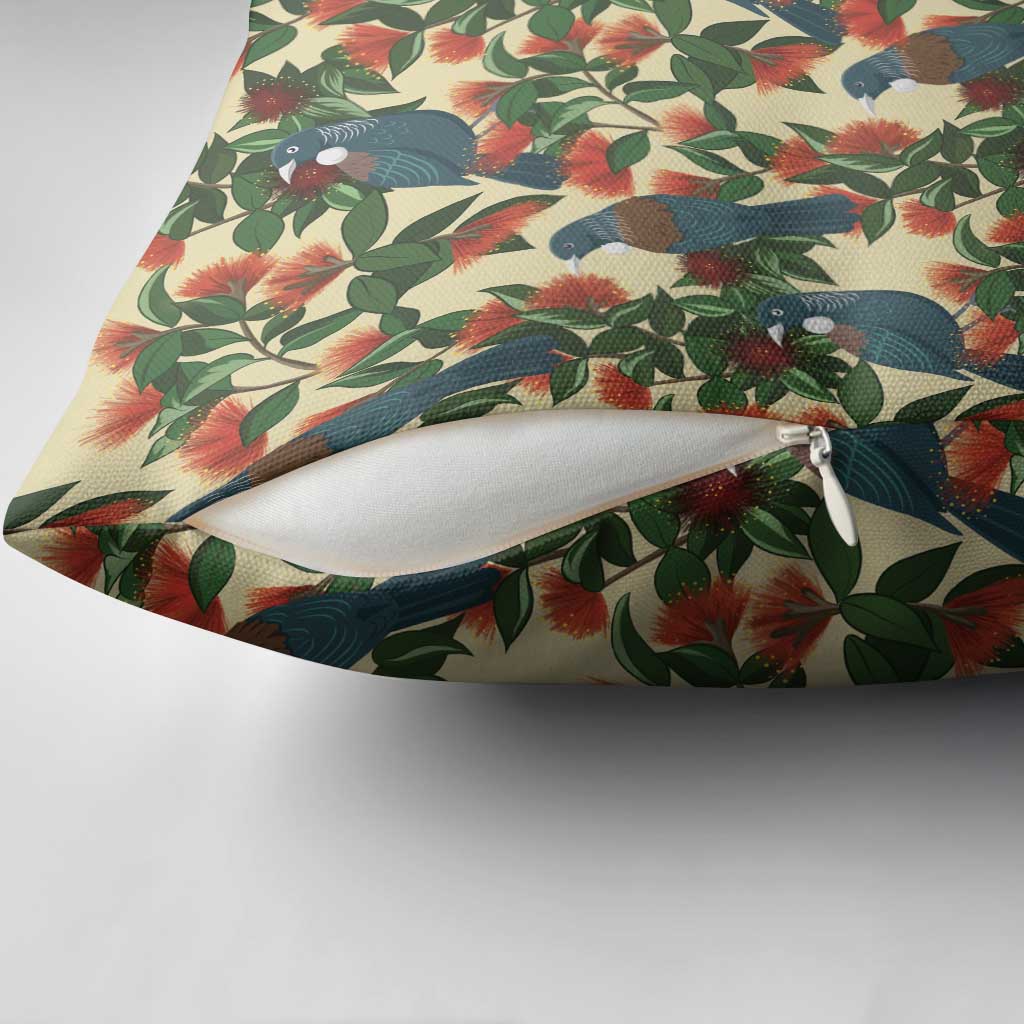 New Zealand Christmas Pillow Cover Romantic Tui Birds on Pohutukawa - Ivory - Polynesian Pride