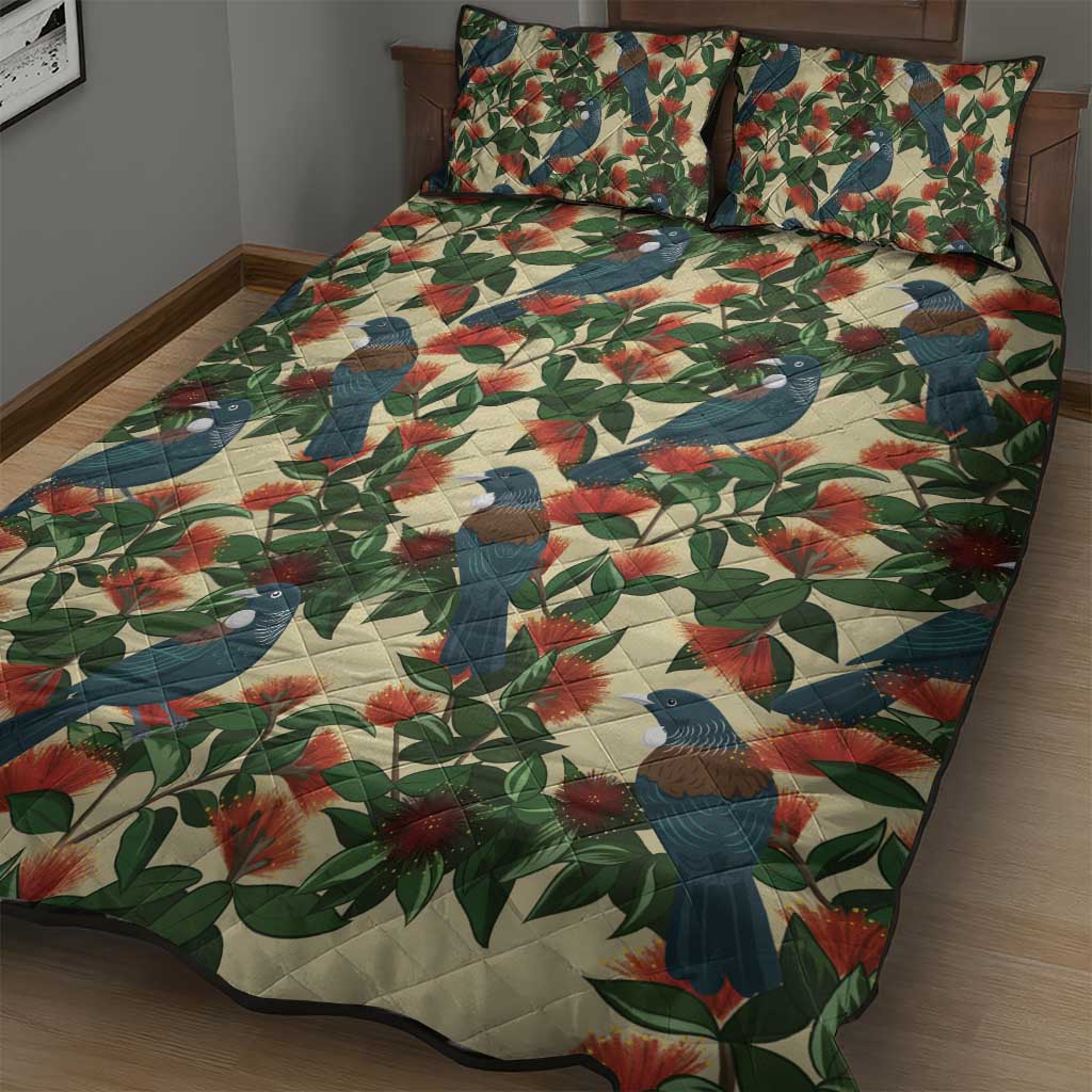 New Zealand Christmas Quilt Bed Set Romantic Tui Birds on Pohutukawa - Ivory - Polynesian Pride