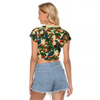 New Zealand Christmas Raglan Cropped T Shirt Romantic Tui Birds on Pohutukawa - Ivory - Polynesian Pride