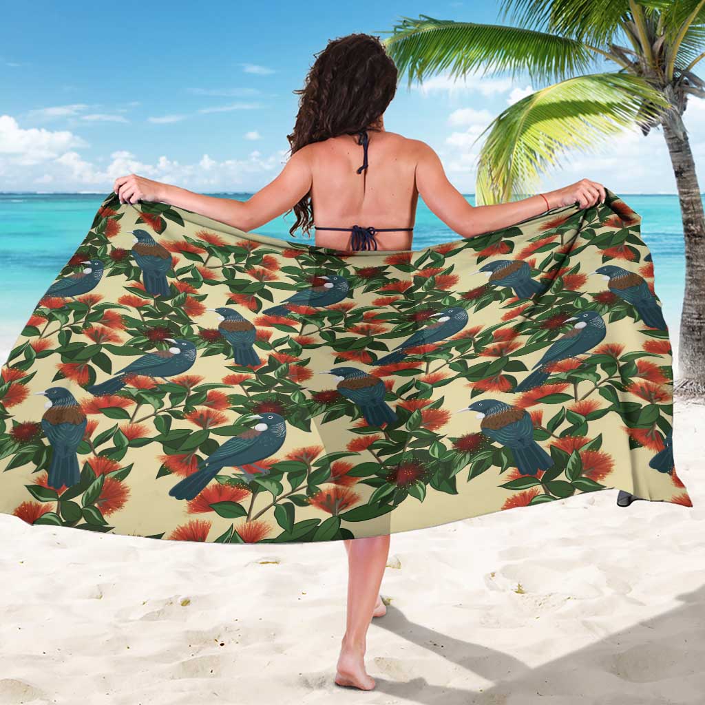 New Zealand Christmas Sarong Romantic Tui Birds on Pohutukawa - Ivory - Polynesian Pride
