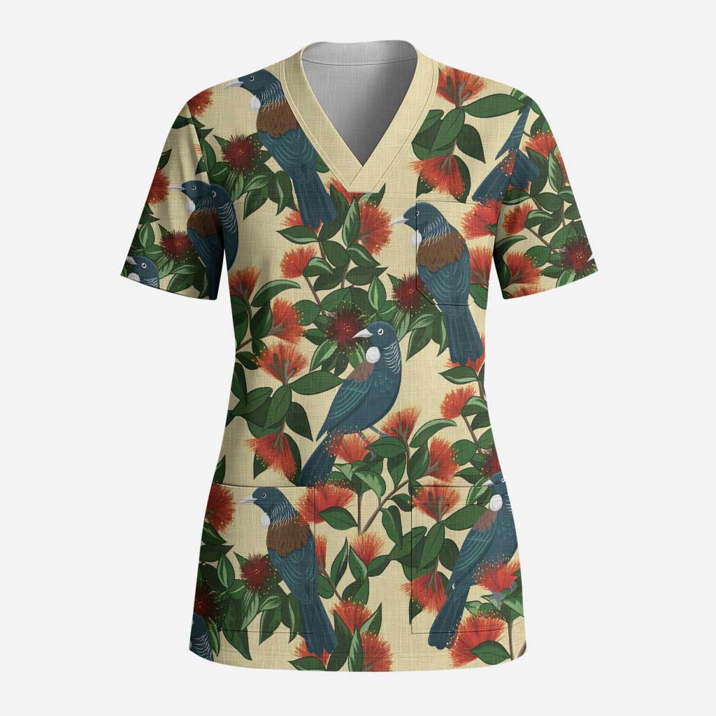 New Zealand Christmas Scrub Top Romantic Tui Birds on Pohutukawa - Ivory - Polynesian Pride