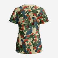 New Zealand Christmas Scrub Top Romantic Tui Birds on Pohutukawa - Ivory - Polynesian Pride