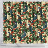 New Zealand Christmas Shower Curtain Romantic Tui Birds on Pohutukawa - Ivory - Polynesian Pride
