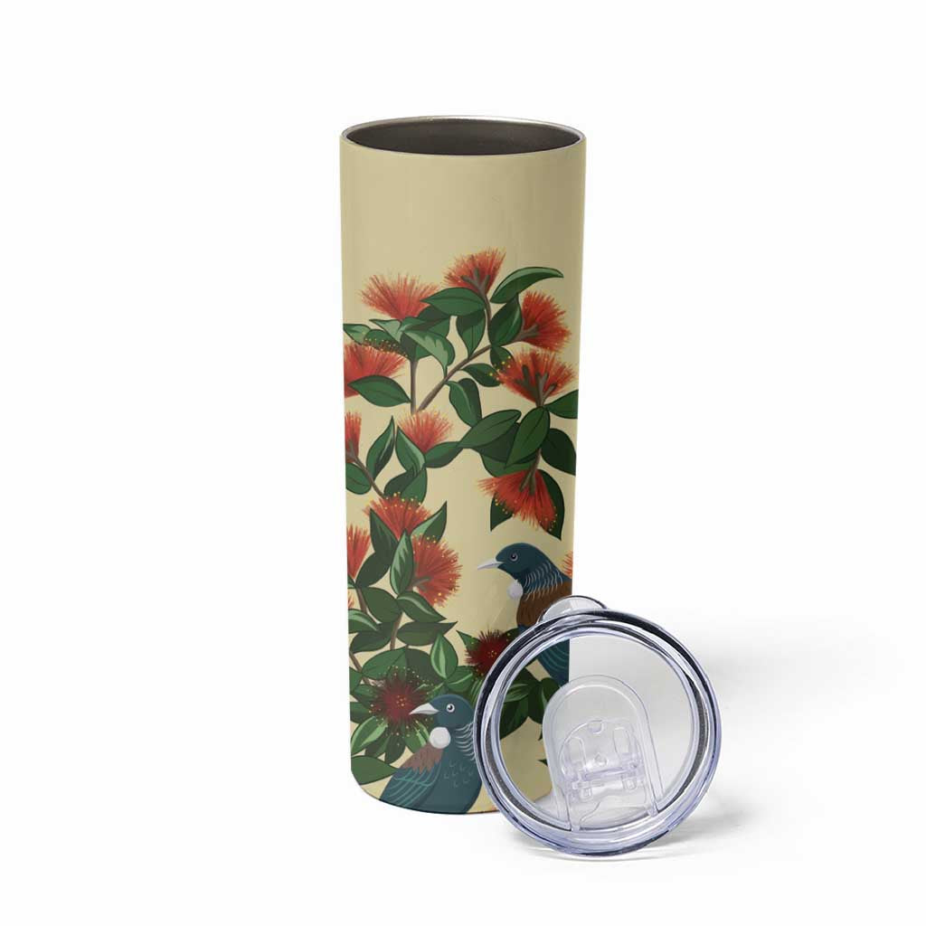 New Zealand Christmas Skinny Tumbler Romantic Tui Birds on Pohutukawa - Ivory - Polynesian Pride