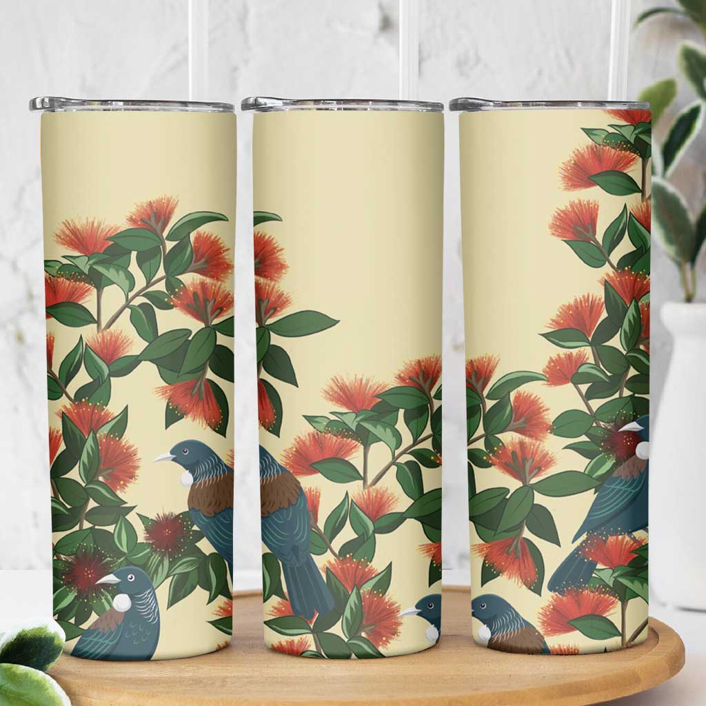 New Zealand Christmas Skinny Tumbler Romantic Tui Birds on Pohutukawa - Ivory - Polynesian Pride