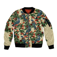 New Zealand Christmas Sleeve Zip Bomber Jacket Romantic Tui Birds on Pohutukawa - Ivory - Polynesian Pride