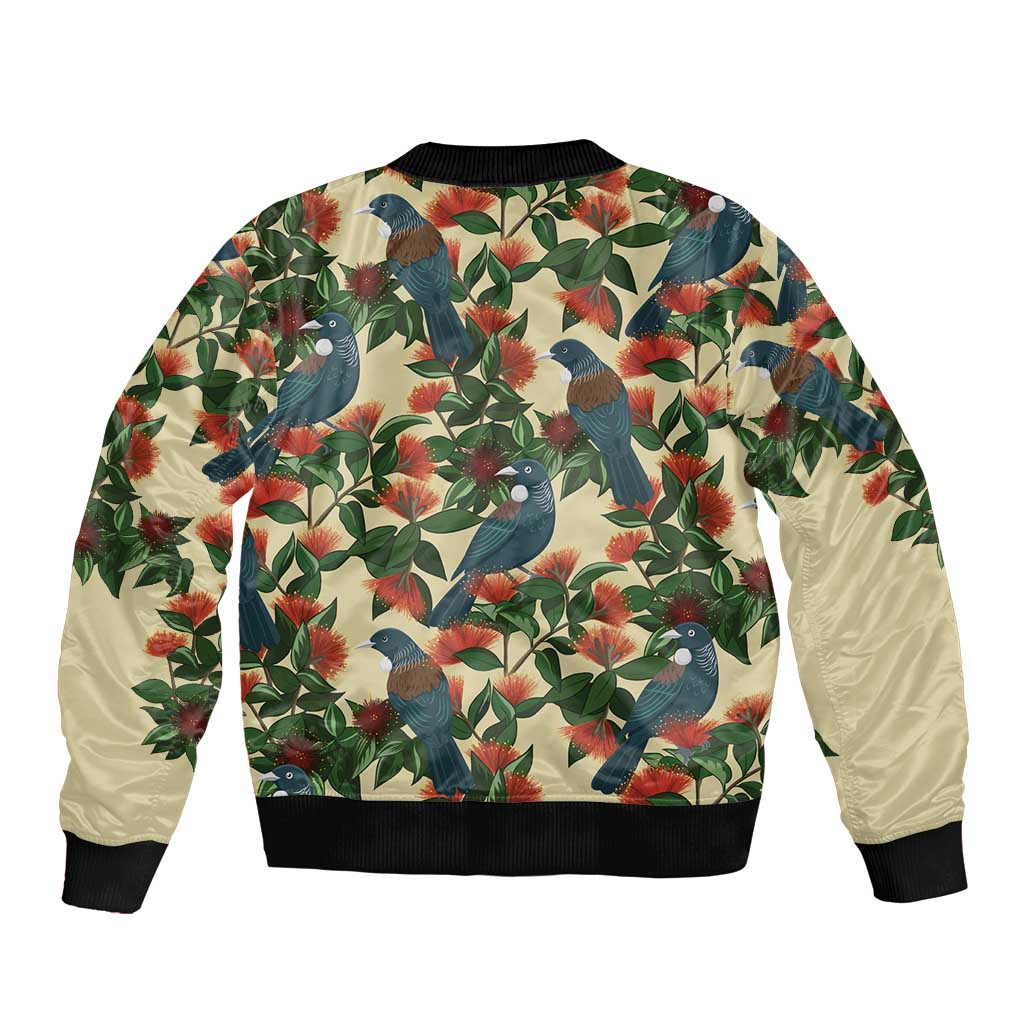 New Zealand Christmas Sleeve Zip Bomber Jacket Romantic Tui Birds on Pohutukawa - Ivory - Polynesian Pride