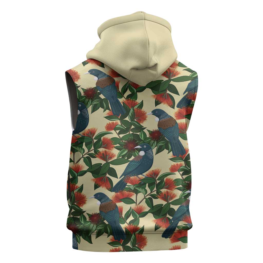 New Zealand Christmas Sleeveless Zip Hoodie Romantic Tui Birds on Pohutukawa - Ivory - Polynesian Pride