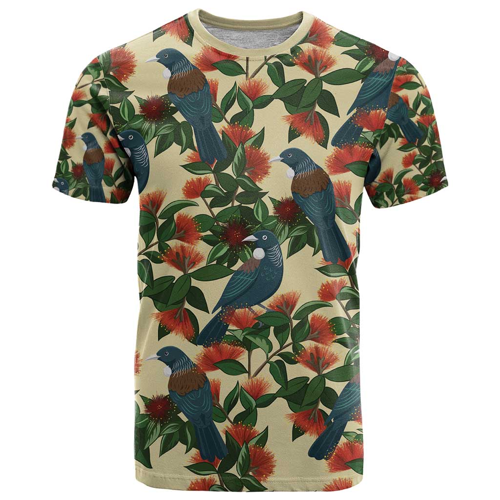 New Zealand Christmas T Shirt Romantic Tui Birds on Pohutukawa - Ivory - Polynesian Pride
