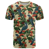New Zealand Christmas T Shirt Romantic Tui Birds on Pohutukawa - Ivory - Polynesian Pride