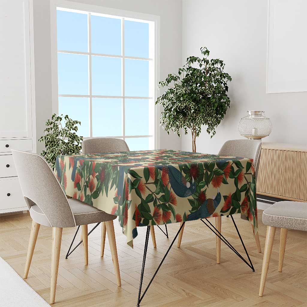 New Zealand Christmas Tablecloth Romantic Tui Birds on Pohutukawa - Ivory - Polynesian Pride