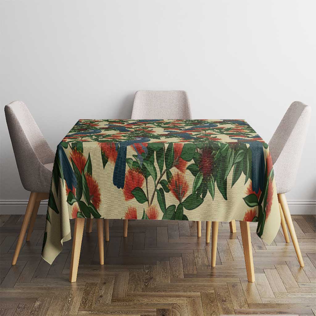 New Zealand Christmas Tablecloth Romantic Tui Birds on Pohutukawa - Ivory - Polynesian Pride