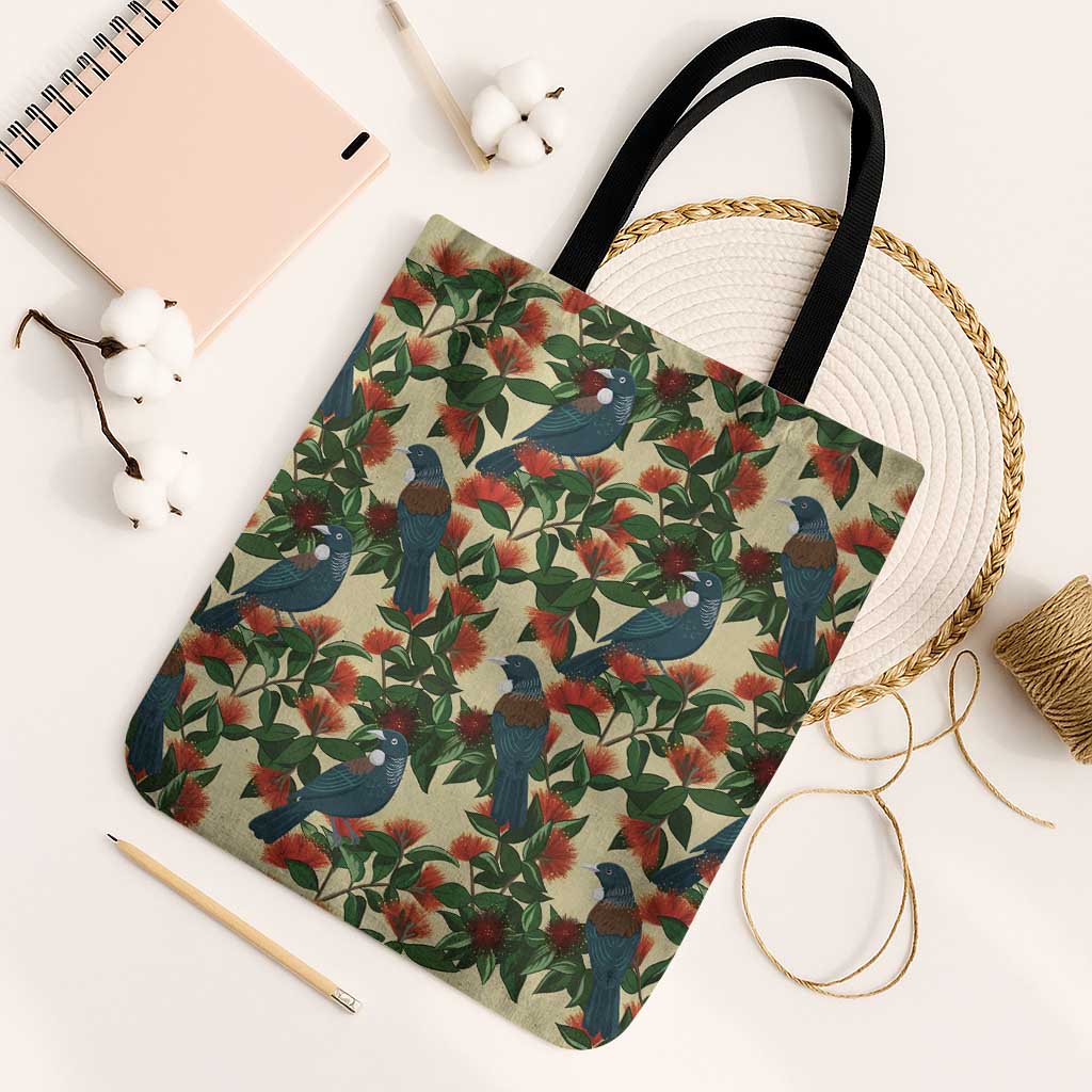 New Zealand Christmas Tote Bag Romantic Tui Birds on Pohutukawa - Ivory - Polynesian Pride