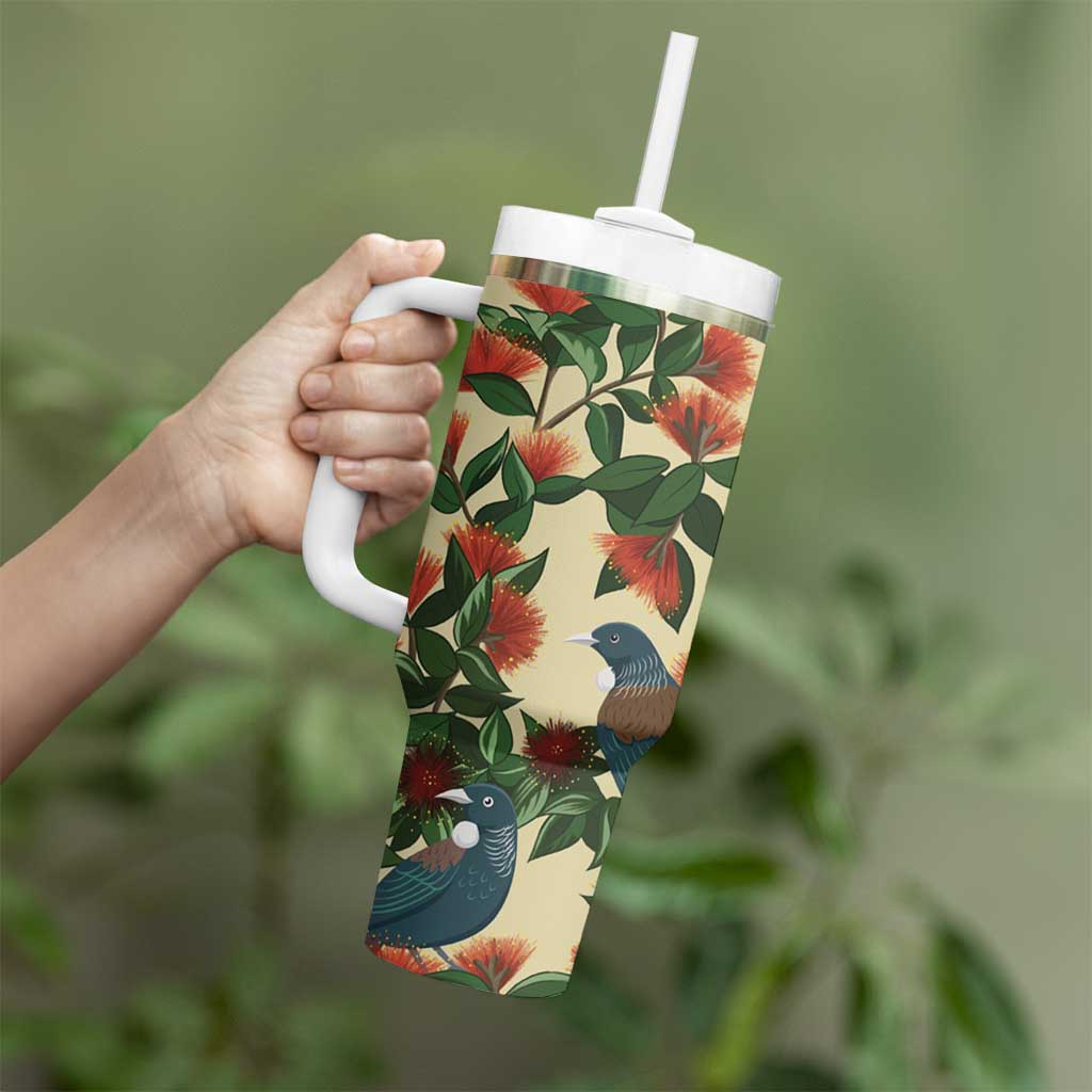 New Zealand Christmas Tumbler With Handle Romantic Tui Birds on Pohutukawa - Ivory - Polynesian Pride