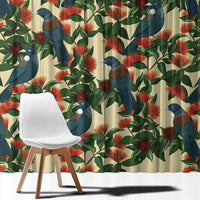 New Zealand Christmas Window Curtain Romantic Tui Birds on Pohutukawa - Ivory - Polynesian Pride