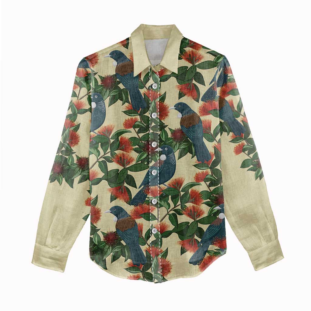 New Zealand Christmas Women Casual Shirt Romantic Tui Birds on Pohutukawa - Ivory - Polynesian Pride
