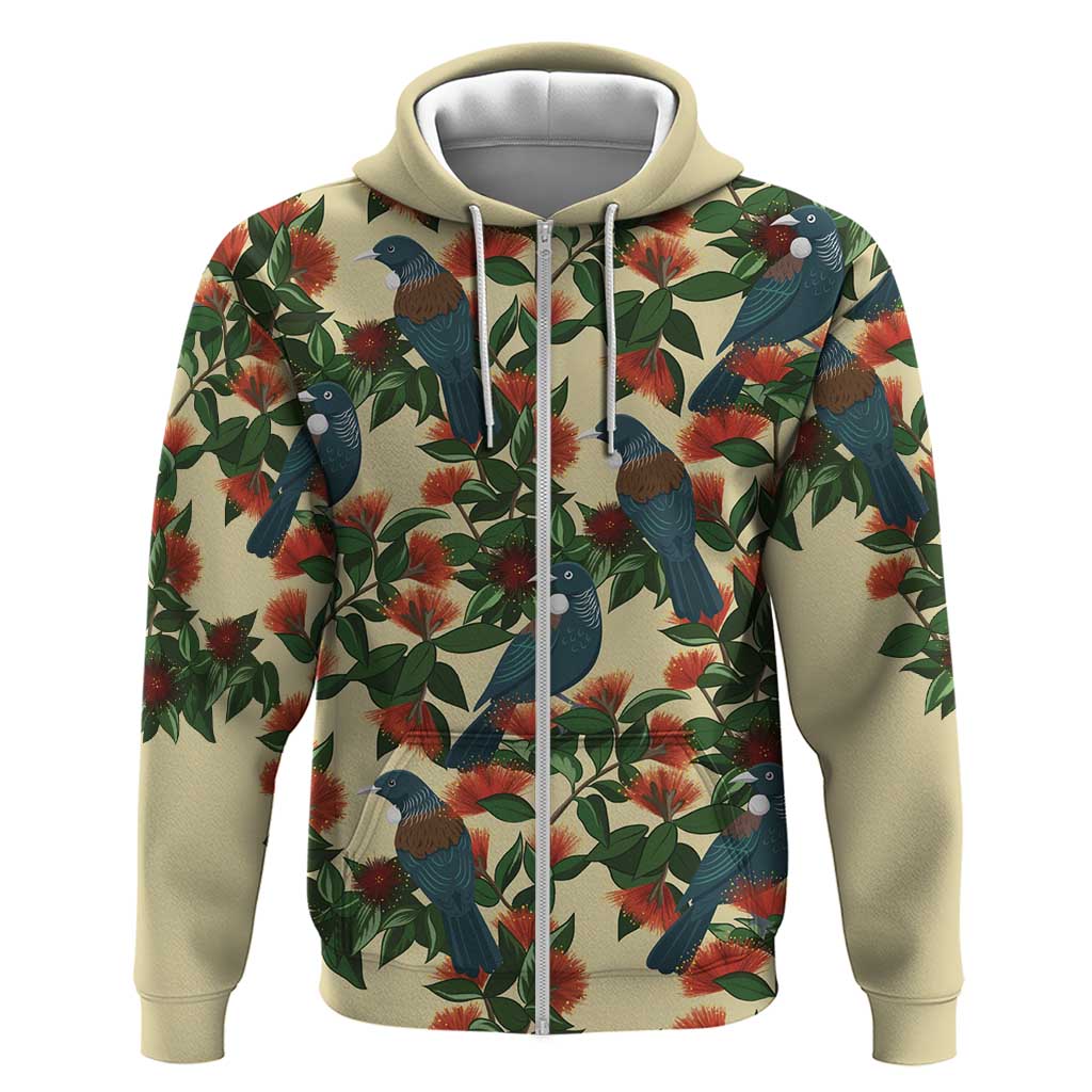 New Zealand Christmas Zip Hoodie Romantic Tui Birds on Pohutukawa - Ivory - Polynesian Pride